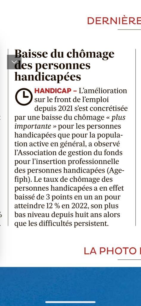 La ↘️ du chômage des personnes #handicapées se poursuit en 2022, pour atteindre 12 % son plus bas niveau depuis 2008. Cette  avancée est due à la concertation et à la mobilisation de tous, entreprises, syndicats.. Société #inclusive: travail pour tous #manifesteinclusion #DuoDay
