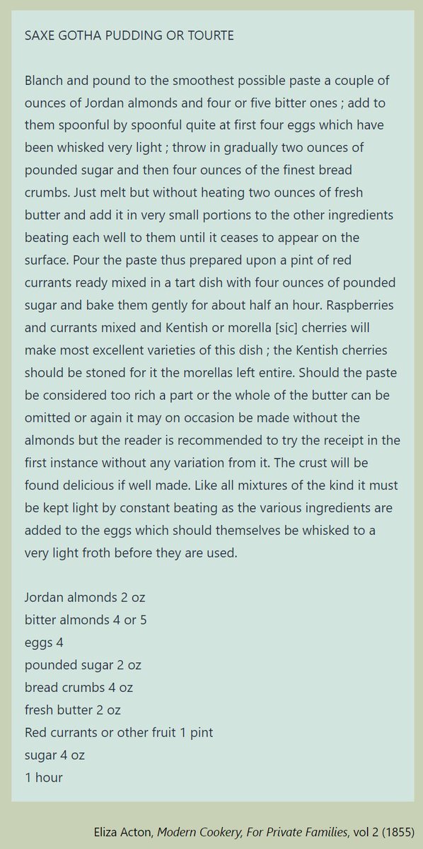 OrchardNotes's tweet image. Anyone for 'Saxe Gotha Pudding'? Eliza Acton's 1855 recipe sounds like a light, tasty way to make good use of your #redcurrant glut should you be lucky enough to have one this year.

orchardnotes.com/2023/07/12/eli…

#C19th #orchardrecipe 

(Click the image for the full recipe)