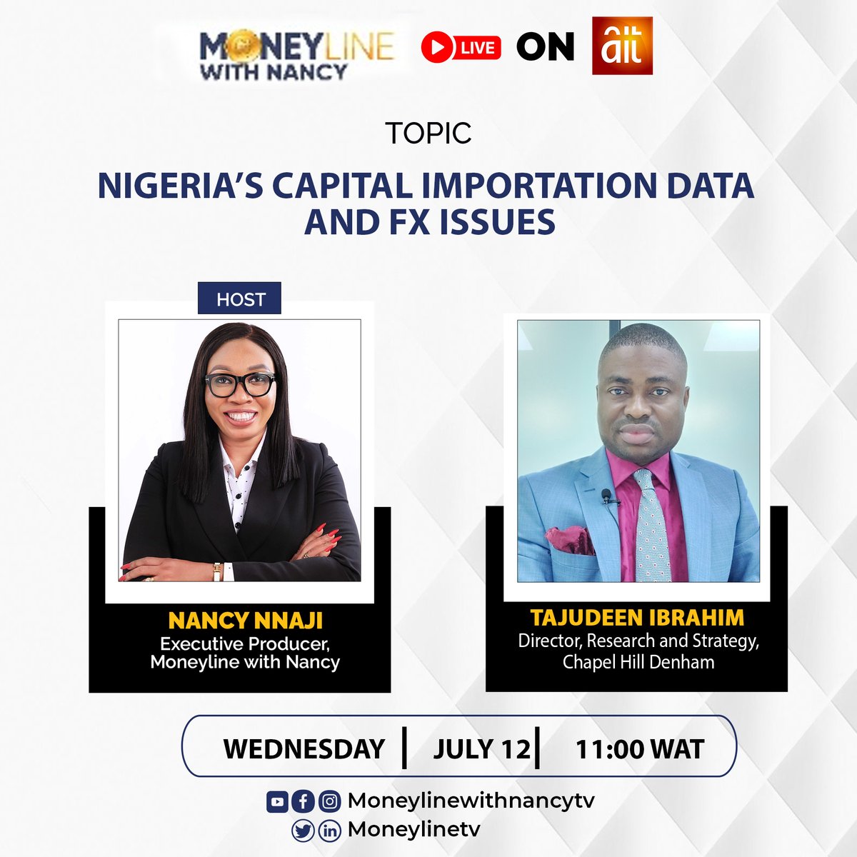 moneylineTV's tweet photo. #FxIssues
Who is responsible for collecting capital importation #data?
Find out on today's show as we discuss the topic: 'Nigeria's Capital #Importation Data & Fx Issues' on @AIT_Online with our guest Tajudeen Ibrahim, Director of Research & Strategy at Chapel Hill Denham. https://t.co/6TvTygrnXd