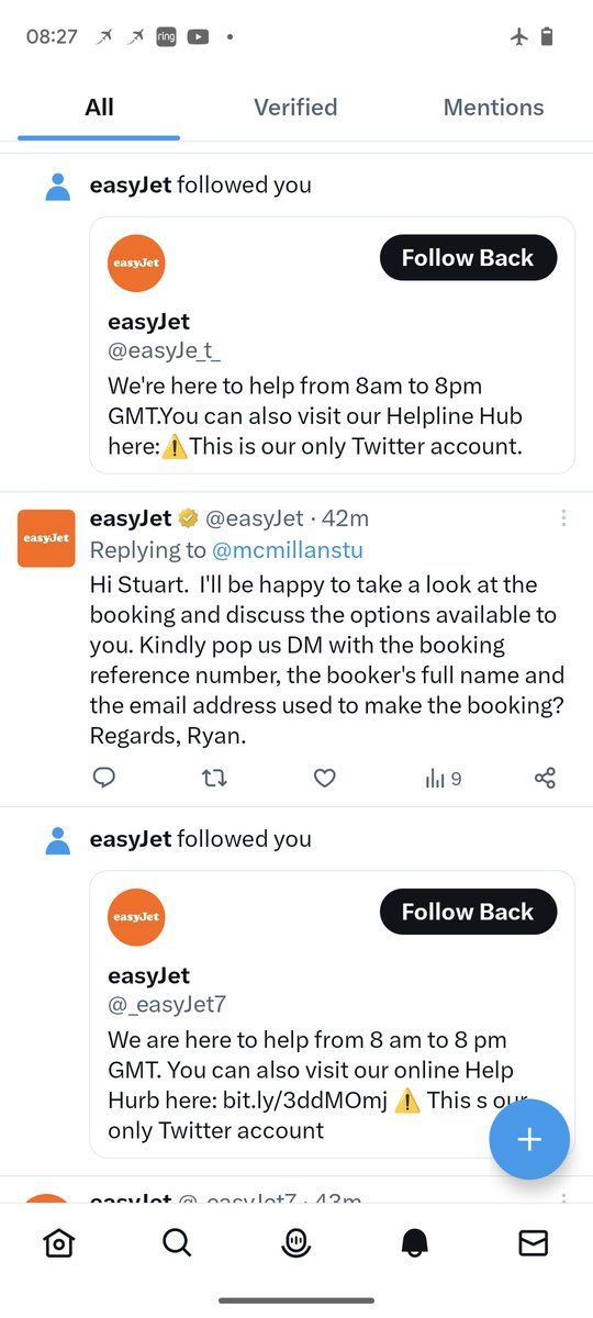 A live example of how Twitter has become a more dangerous place. I tweeted @easyJet about a cancelled flight and got 3 replies, 2 were spam. Easy to see how a less paranoid person would fall for it.