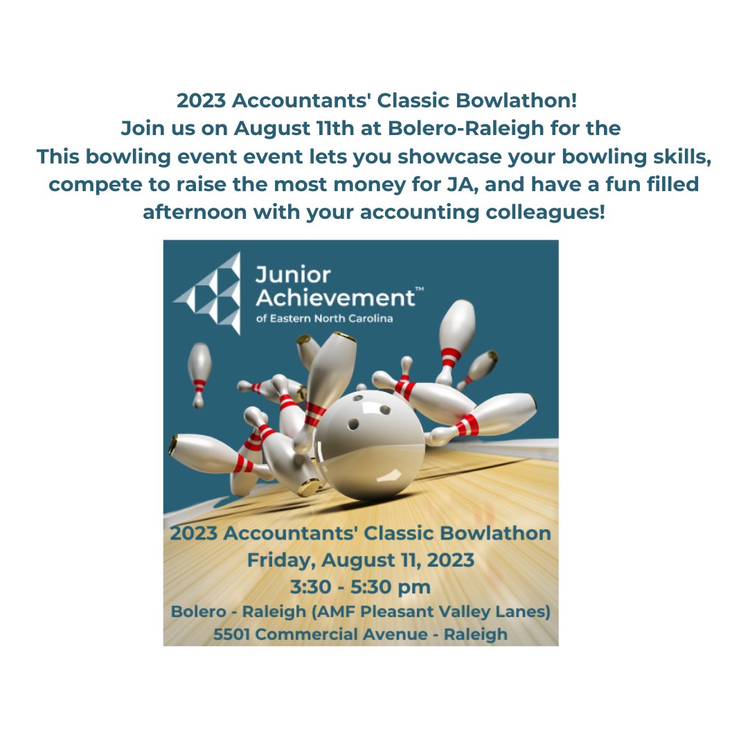 JAoENC's tweet photo. The 2023 Accountants' Classic Bowlathon is back! We invite bowlers from ALL area accounting firms to set up a team(s). All proceeds from the 2023 Accountants' Classic Bowlathon will be used to provide JA's proven programs  for students in Eastern NC! https://t.co/Pm0R1Oh4bW https://t.co/uP7yy1dxro