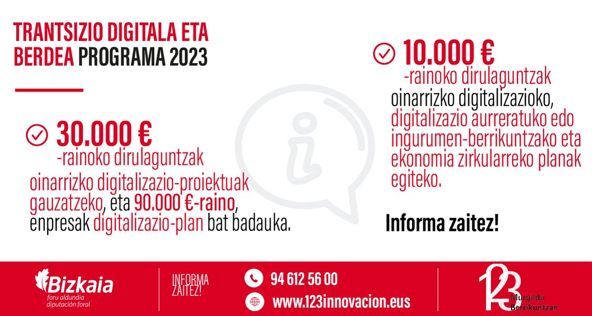 BizkaiaEmpresa's tweet photo. #BizkaiaEgiten #laguntzak2023 

#TrantsizioDigital eta #Berdea 

❗️  Eskabideak: uztailaren 28ra arte

▪️   1.ildoa - Digitalizaziorako edo ingurumen-iraunkortasunerako #planak

▪️   2.ildoa - Oinarrizko digitalizazio #proiektuak

https://t.co/uwA7xExito #BeazBizkaia https://t.co/oyG55WPzal