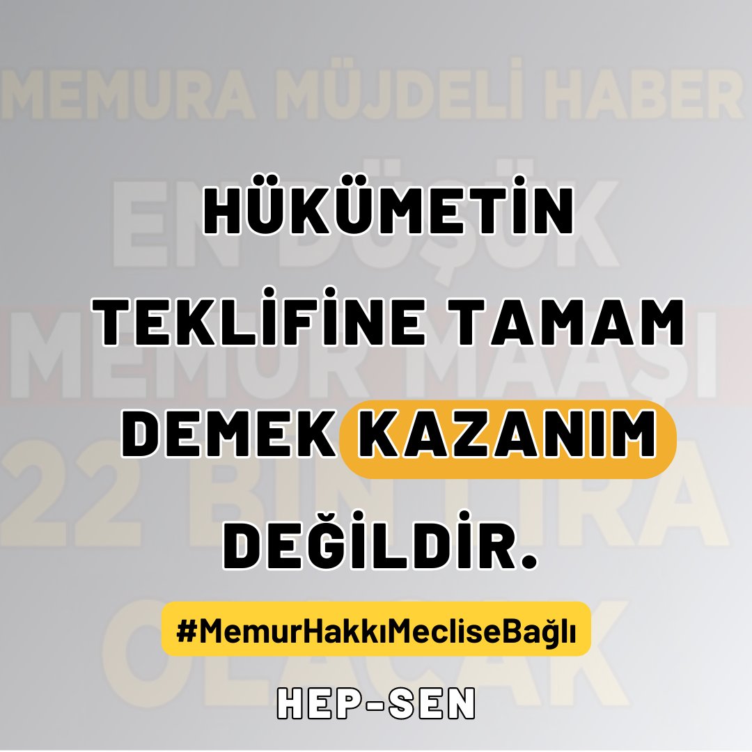 Hükümetin teklifine tamam demek kazanım değildir. 22 bin ₺ ücretlendirme kabul edilemez. Yoksulluk sınırı üzerinde maaş talep edilmelidir.
#MemurHakkıMecliseBağlı
