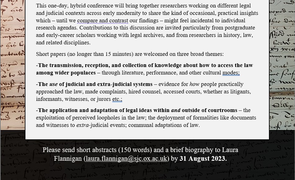 Dr Laura Flannigan (@lflannigan17) on Twitter photo 📢Call for papers for #Twitterstorians working on law and litigation in early modernity: one-day symposium on 'Popular Knowledge of the Law' <a href="/StJohnsOx/">St John's College</a> next April. Abstracts due end of August. Please RT! 📢Call for papers for #Twitterstorians working on law and litigation in early modernity: one-day symposium on 'Popular Knowledge of the Law' <a href="/StJohnsOx/">St John's College</a> next April. Abstracts due end of August. Please RT!