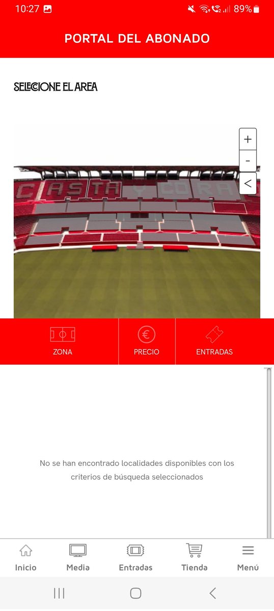 JOAKI231's tweet photo. Pero mi sorpresa está al entrar en cualquier zona... Dice que no se han encontrado localidades... sin embargo se puede ver cómo hay sectores que no están sombreados, por lo que sí que hay localidades. Solo en gol sur está, efectivamente todo sombreado https://t.co/kIvPiTuUdB