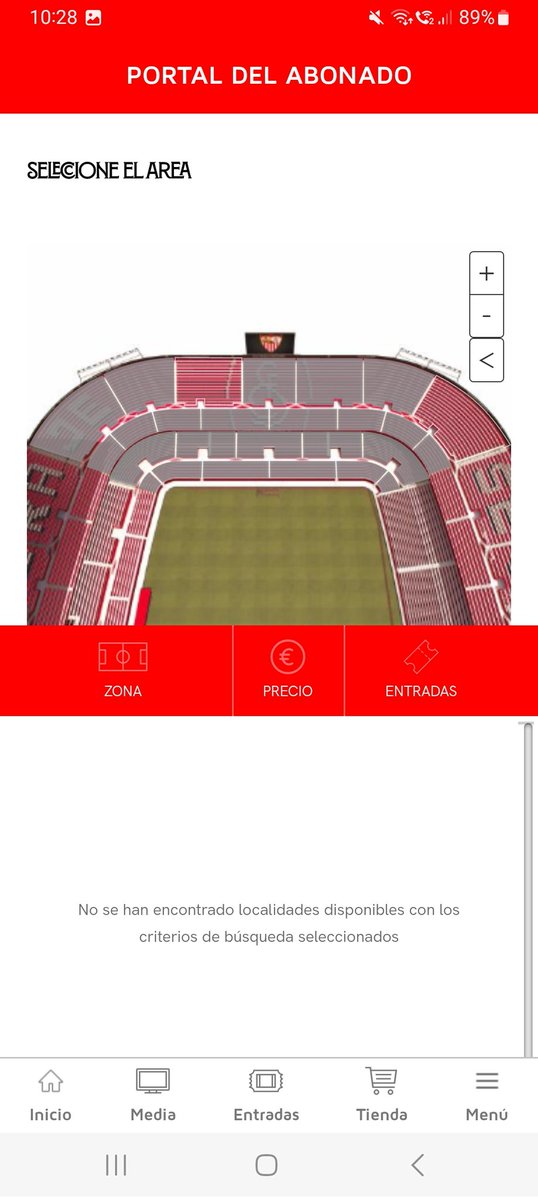JOAKI231's tweet photo. Pero mi sorpresa está al entrar en cualquier zona... Dice que no se han encontrado localidades... sin embargo se puede ver cómo hay sectores que no están sombreados, por lo que sí que hay localidades. Solo en gol sur está, efectivamente todo sombreado https://t.co/kIvPiTuUdB