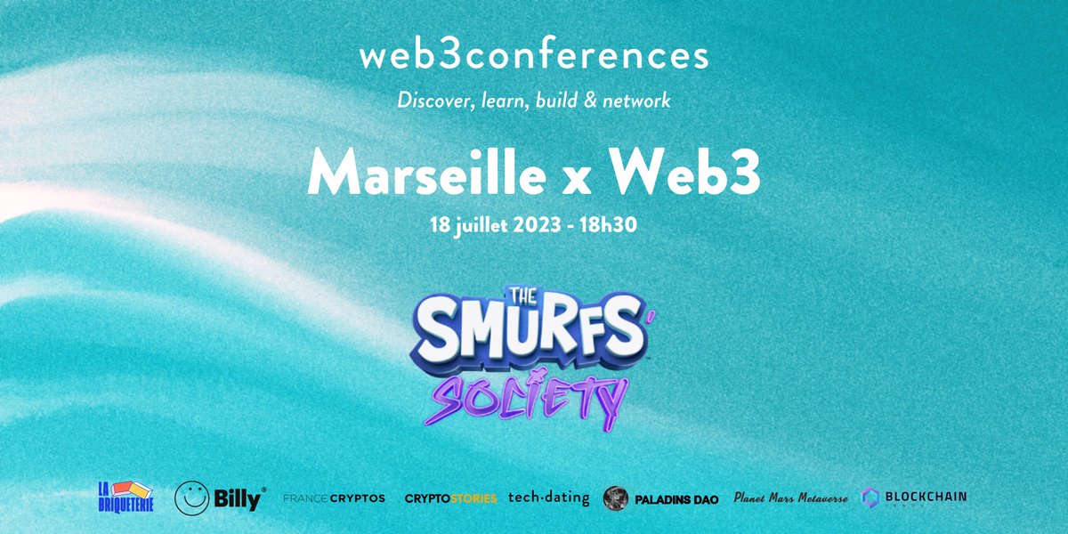 Nous sommes Schtroumpfement ravis d'accueillir <a href="/SmurfsSociety/">The Smurfs' Society</a> &amp; <a href="/ChrMenard/">Chris Ménard</a> sur notre table ronde "NFT, de spéculation à utilité" ce 18 juillet à Marseille!😎

Rendez-vous à La Briqueterie <a href="/brqtr_mrs/">La Briqueterie</a> à partir de 18h30☀️

Les 15 derniers tickets dispo ici👇
discover.billyapp.live/events/web3con…