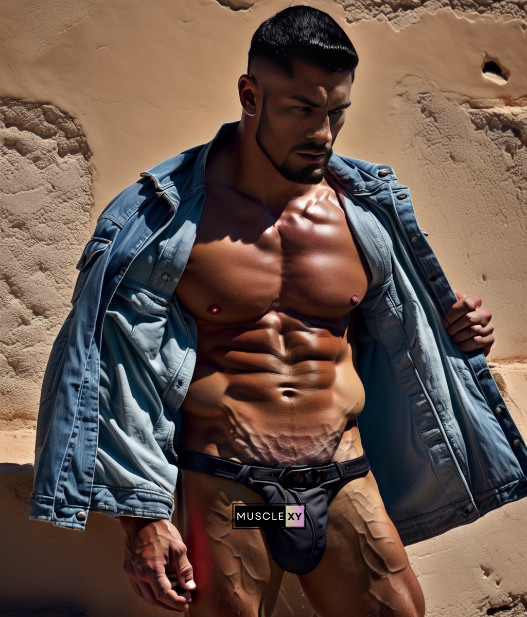 Musclexy's tweet photo. "The scorching heat of the weather is making me feel flushed and feverish." 🥵🌞🔥😓👀
#heatwave #sweatingbuckets #summerheat #meltingaway #toohottotouch
#AIart #Musclexy #AIイケメン部 https://t.co/5shXZjgpmB
