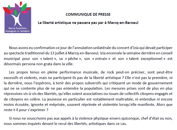marcqensemble's tweet photo. Notre communiqué suite à l'annulation de la participation d'@IziaMusic à #Marcq-en-Baroeul. 

Nous sommes très inquiets face aux mesures, prises à différents échelons nationaux et locaux, à l'encontre des libertés d'expression, de manifestation et associatives. https://t.co/H5alsd2qqu