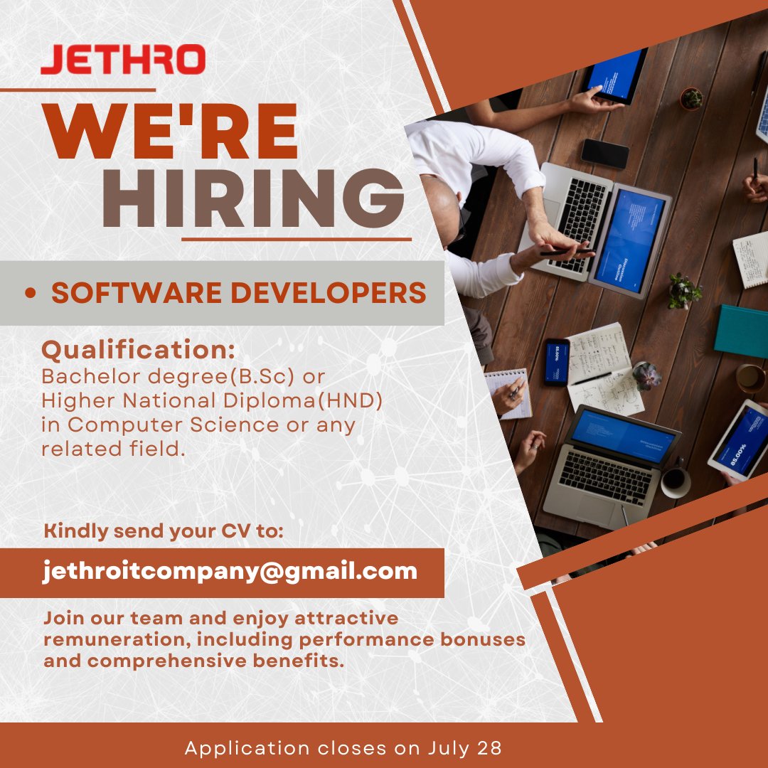 We are recruiting!

Software Developers with certification of a Bachelor Degree or Higher National Diploma (HND) in Coputer science or any related field.

Kindly submit applications on or before 28th of July.