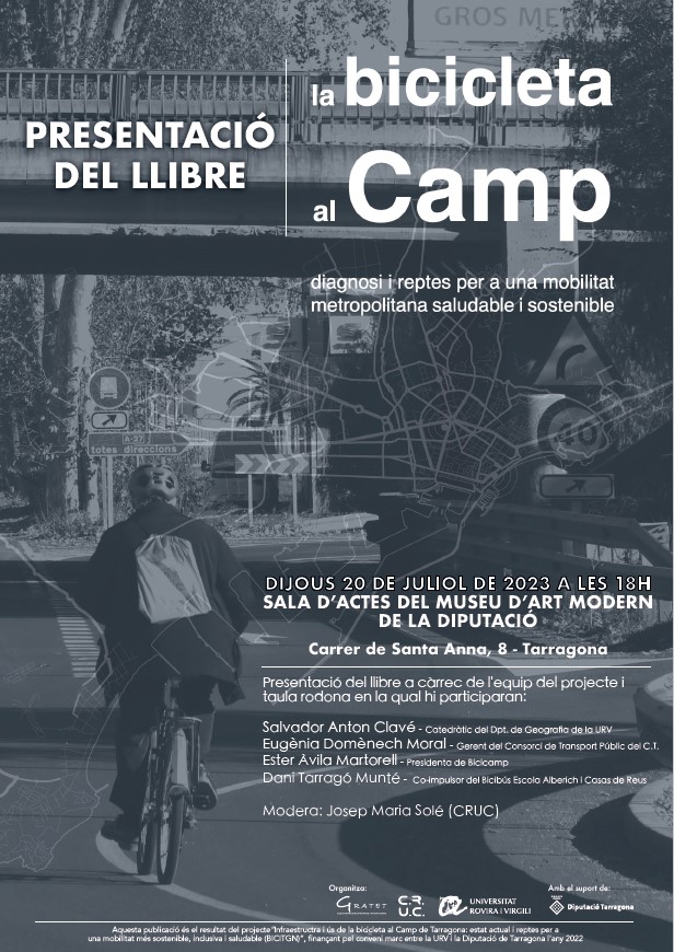 📕20/7 18h a <a href="/MAMTarragona/">MAMT</a> - Presentem llibre 'la bicicleta al Camp: diagnosi i reptes per a una mobilitat metropolitana saludable i sostenible’! <a href="/gratetURV/">GRATET</a> <a href="/cruc_urv/">Centre de Recerca Urbana del Camp</a>. Enquesta + cartografia + reflexions projecte BICITGN, amb suport <a href="/Dipta_cat/">Diputació de Tarragona</a> <a href="/universitatURV/">Universitat Rovira i Virgili</a>. Detalls al cartell!