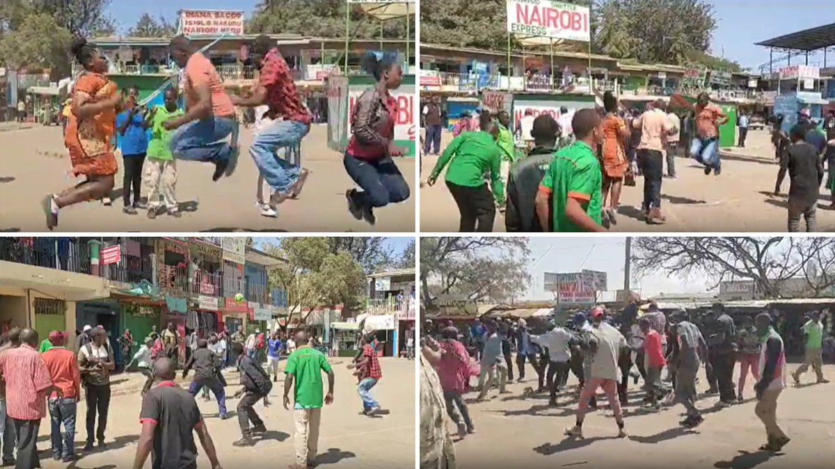 Matatu operators and traders skip rope and play football at the Nanyuki main stage