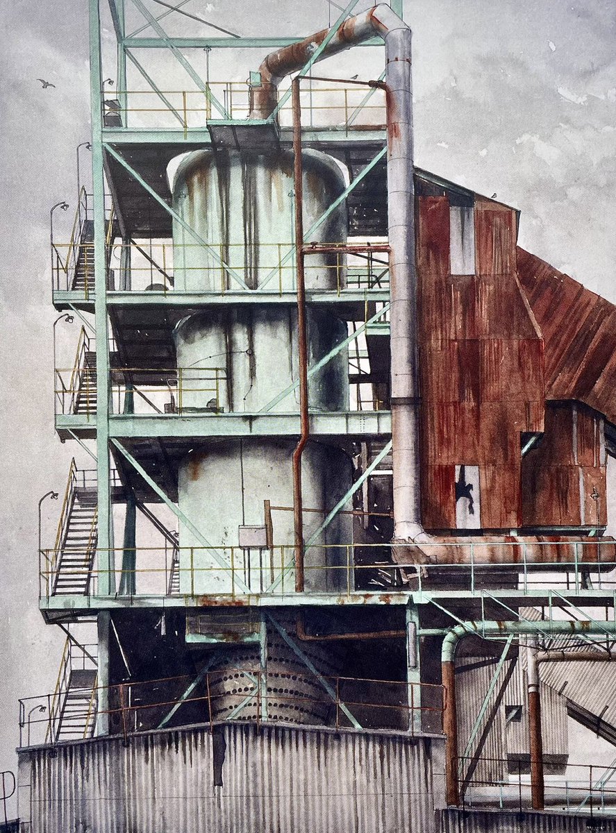 As #watercolor … ahem #watercolour 🧐 is trending, one from a man that proved the medium could be turned toward the gritty #urban and #industrial scene #GrimArtLegend 👑 

Carbonizer Tower by Arthur Lockwood  (1934 – 2019)
(another one that needs a tap 🤏😉)