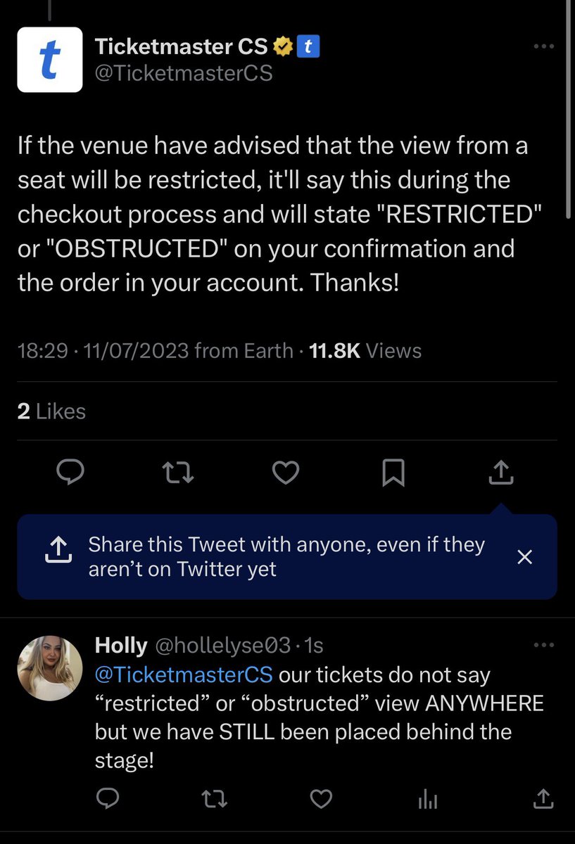hollelyse03's tweet photo. @TicketmasterCS @TicketmasterUK Our tickets don’t say anything about obstructed view (and didn’t say this prior purchase either), yet we’ve been put BEHIND the stage! No response from help chat on app. https://t.co/G1y7T5YGNe