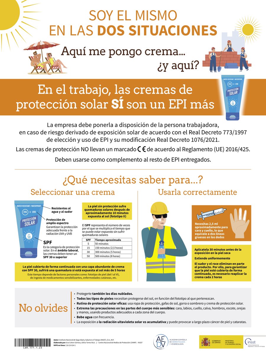 🧴 ¿Sabes que la crema de protección solar es un EPI en el ámbito laboral?
Por lo tanto, debe seleccionarse teniendo en cuenta la tarea y las características personales
En general, cuanto mayor sea el FPS, más protección frente a la #RadiacionSolar
➕info👉bit.ly/3PW2mk2
