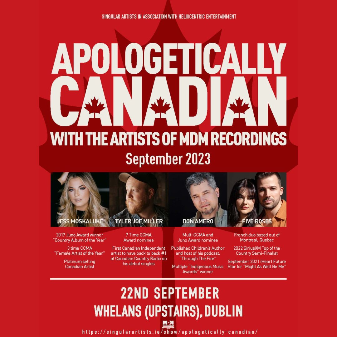 The Apologetically Canadian Tour will bring four of Canada's biggest country stars, @JessMoskaluke, Tyler Joe Miller, Five Roses and @DonaldAmero, to Dublin to perform Upstairs at @WhelansLive on 22 September 2023.

🎟️ Tickets are on sale Friday at 10am - bit.ly/3NMpv60