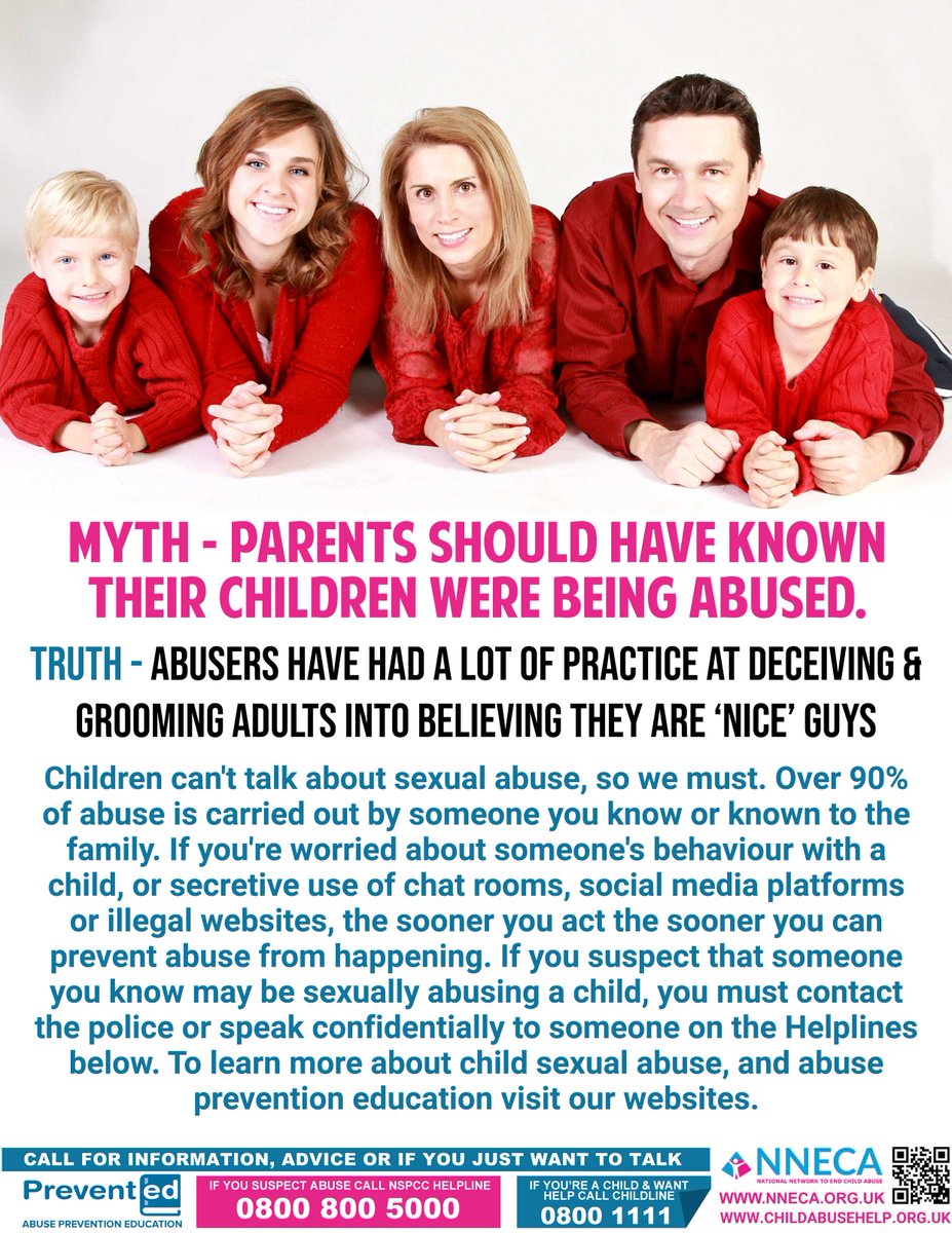 MYTH – PARENTS SHOULD HAVE KNOWN THEIR CHILDREN WERE BEING ABUSED. TRUTH – ABUSERS HAVE HAD A LOT OF PRACTICE AT DECEIVING &amp; GROOMING ADULTS INTO BELIEVING THEY ARE ‘NICE GUYS’ 
Children can’t talk about sexual abuse, so we have to #ChildAbuse #PreventED nneca.org.uk