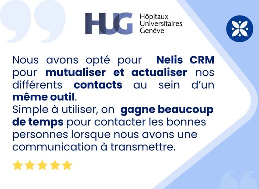 🎉 Retour d'expérience des Hôpitaux de Genève : "Nous avons opté pour  Nelis CRM pour centraliser nos contacts. Simple à utiliser, on gagne  beaucoup de temps pour contacter les bonnes personnes." 🚀 #CRM  #Testimonial #CustomerExperience #DigitalTransformation