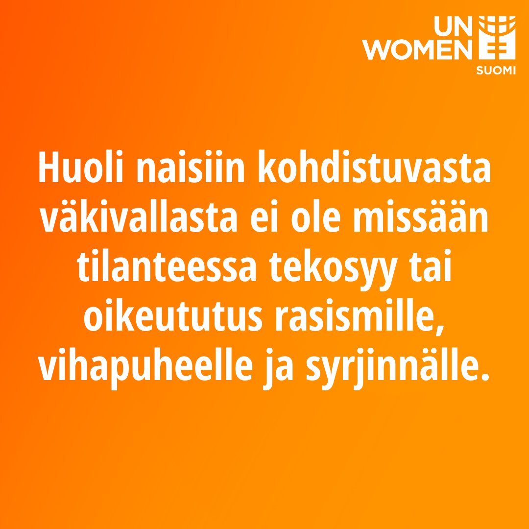 Naisiin kohdistuvaa väkivaltaa ei saa käyttää keppihevosena rasismille ja syrjinnälle. Väkivaltaa ei lopeteta loukkaamalla muiden ihmisarvoa.

Vaadi hallitukselta konkreettisia tekoja naisiin kohdistuvan väkivallan lopettamiseksi - allekirjoita vetoomus: unwomen.fi/vaadi-loppua-v…