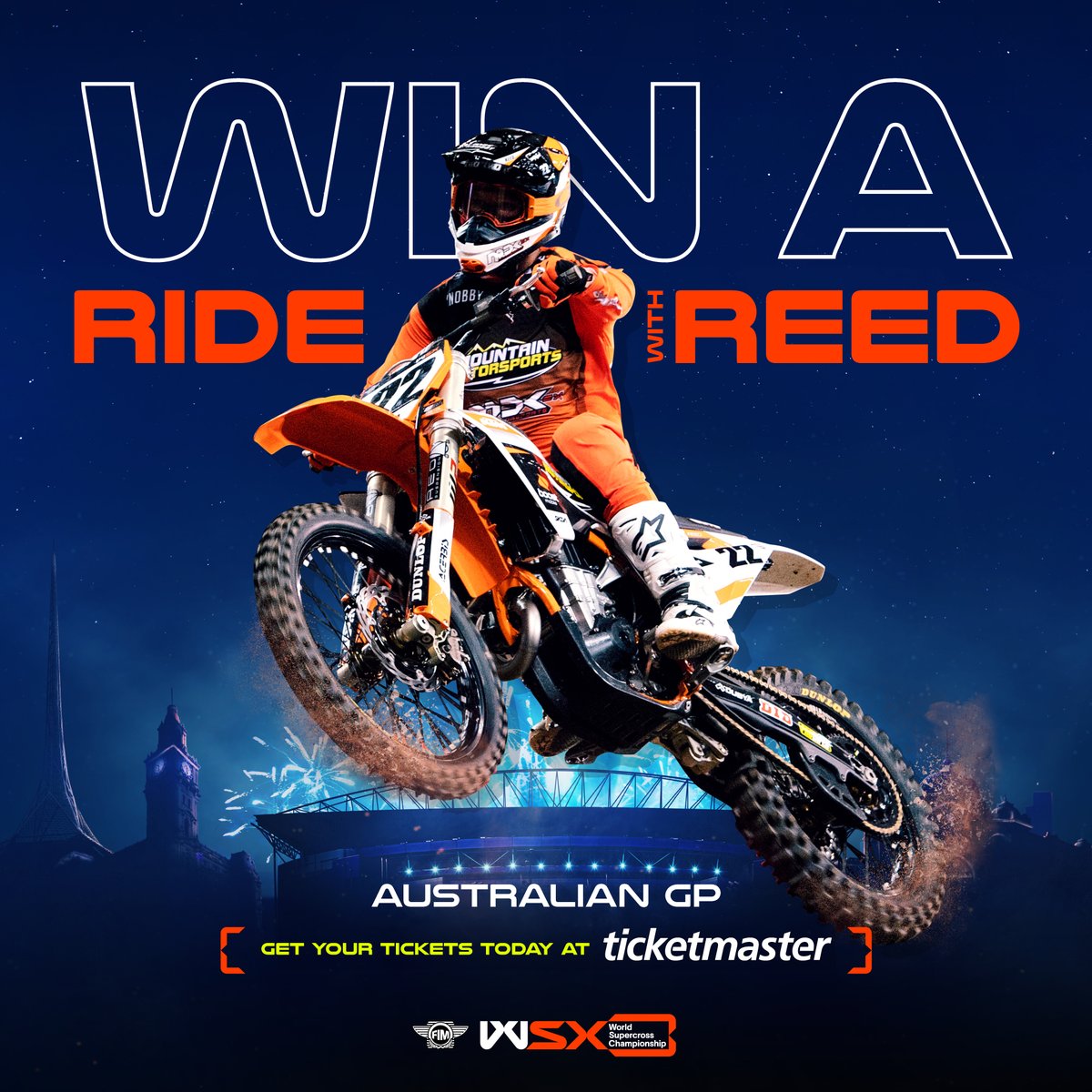 FIMWSX's tweet photo. Hey Supercross fans!

Get your tickets to the FIM World Supercross Australian Grand Prix by Friday 21st July and you could get the chance to ride with Chad Reed!

Access Pre-Sale tickets here:
https://t.co/d8HhwZe2Dd https://t.co/gg2fCZ5iV9