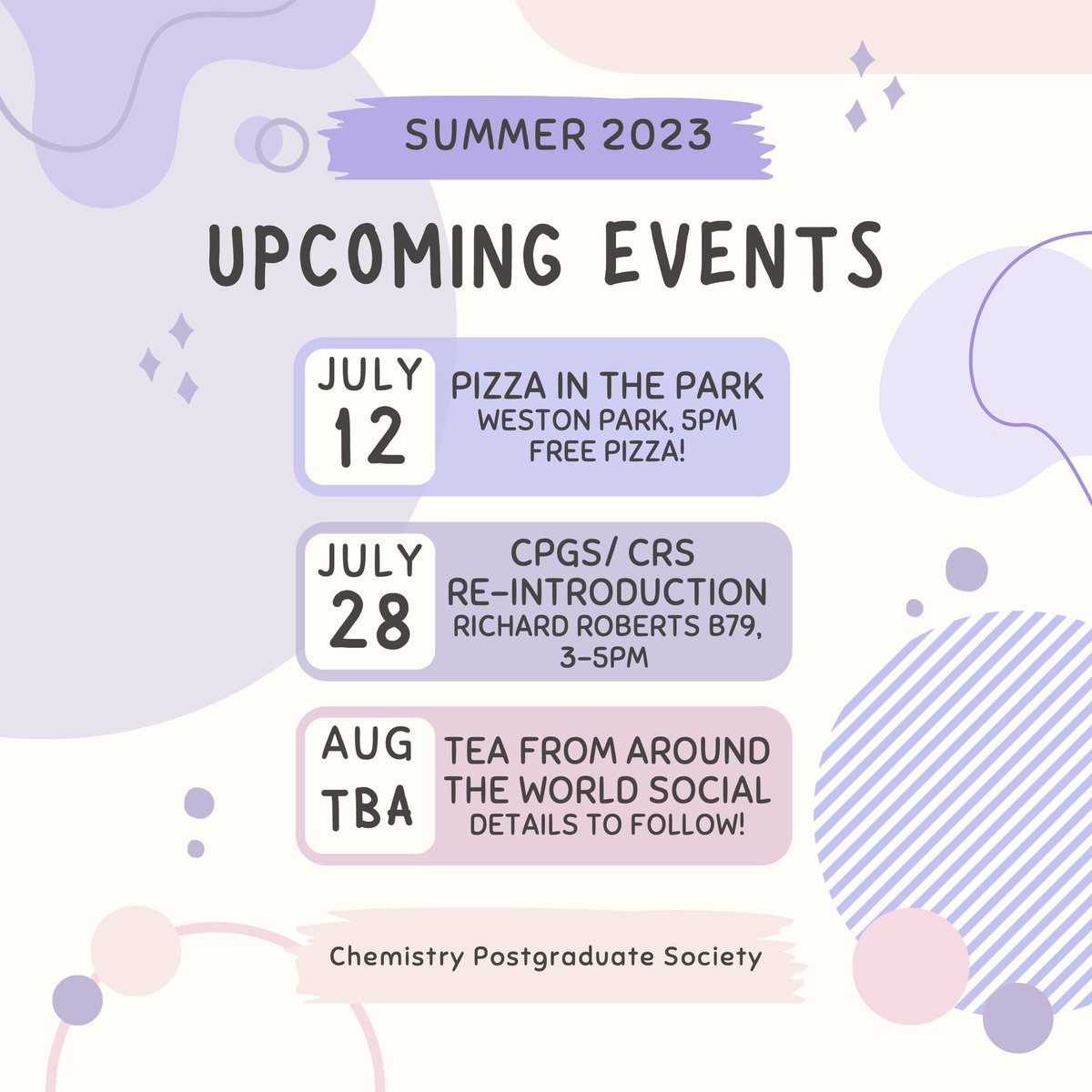 The CPGS has lots of plans lined up over the summer! Here’s a taste of some of the events we’ll be hosting. We hope to see you at some of them soon ✨