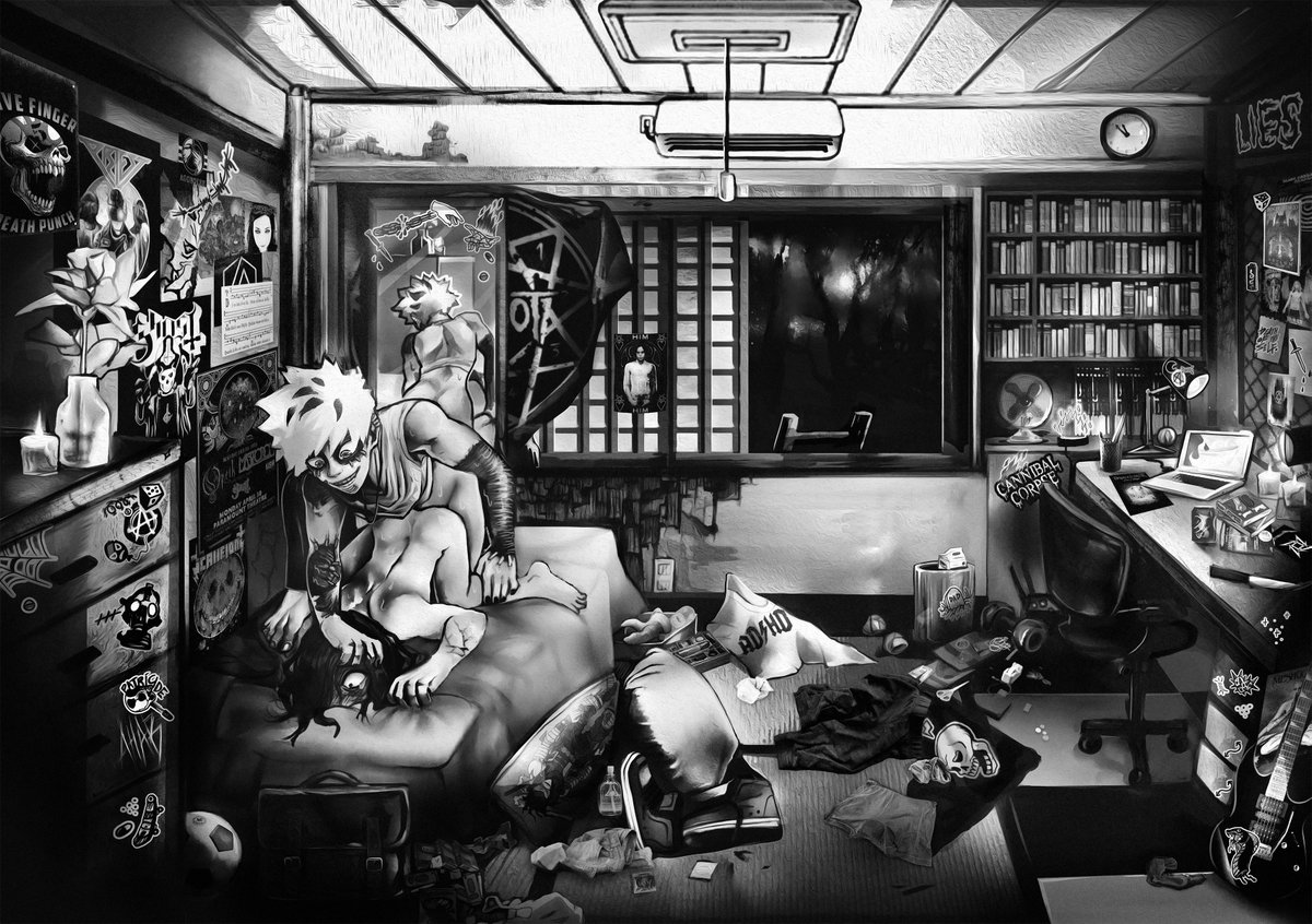 Dabi's room.
#Shigadabi delinquents living with their parents au?
#shigaraki x #tomura
#touten nsfw for <a href="/MonochromeZine/">Monochrome Zine ➤ ARCHIVE</a> !