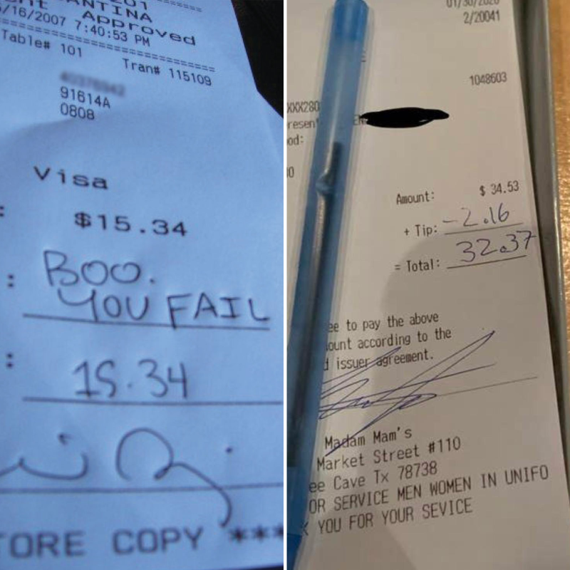 Kueez1's tweet photo. From servers who should've been more careful with what they wrote on the bill to petty customers, these restaurant receipts have us cracking up.