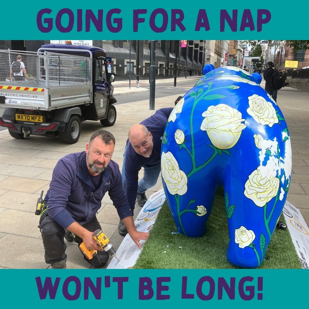 Our Yorkshire bear is being taken to the Bear Hospital today 💔
 LeedsBid were on the scene this morning and have escorted the Bear away.
 Please remember to be careful with our bears, they were not made to be sat on or manhandled they were made to be admired and appreciated 💜