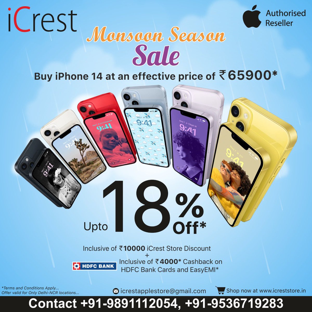 icreststores's tweet photo. Raindrops won’t stop us from dropping prices! Grab the iPhone 14 and iPhone 14📱Plus at discounted rates during our monsoon sales ⛈️

Offer valid for Delhi NCR locations only https://t.co/RkX6g6NMKv