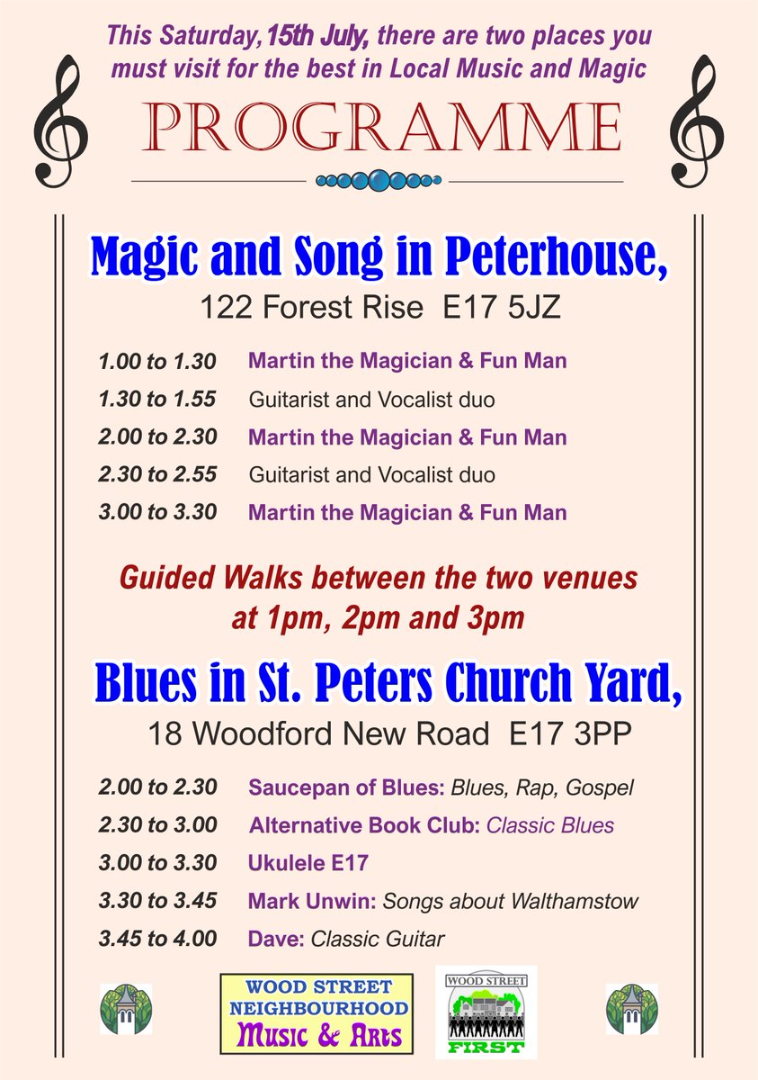 Well here is the music line-up for our event being held this Saturday (15th July) at Peterhouse &amp; St Peter-in-the-Forest.