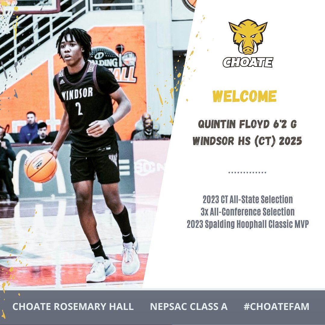📌 Next up: Welcome 6’2 pt guard, Quintin Floyd, to <a href="/goChoate/">Choate Rosemary Hall</a> #ChoateHoops!  An All-State selection, 3x All-Conference, Spalding Hoophall Classic MVP, Q grew under legendary
HS coach, Ken Smith, and brings a great feel for the game, is skilled, and can play on- &amp; off the ball 📈