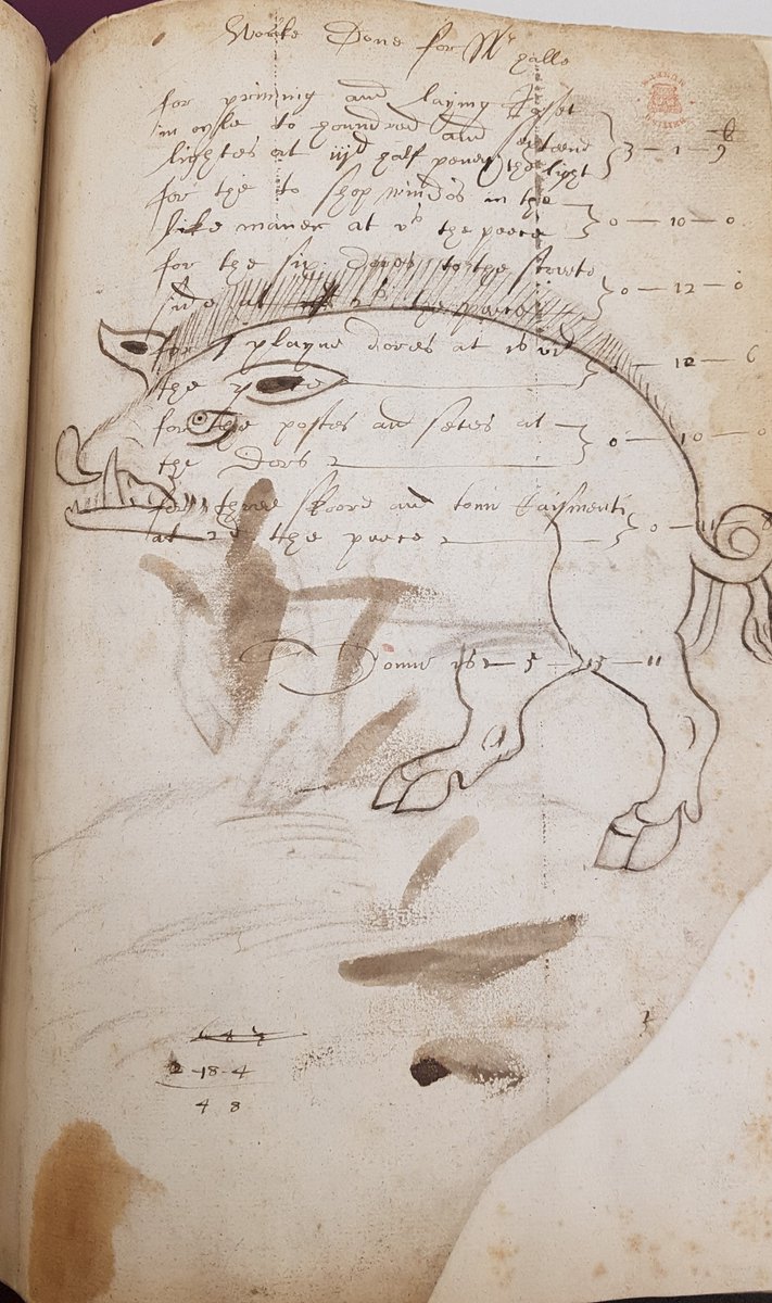 A 17th-century arms painter takes a break from his accounts to sketch a boar in Harley MS 1045: Heraldry book of John Saunders searcharchives.bl.uk/permalink/f/79… #BLHarley #HiddenCollections