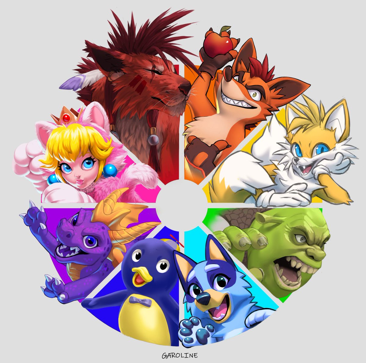 GarolineArt's tweet photo. Color wheel completed! ❤️🧡💛💚💙💜
Thanks to those who suggested characters for each color, I had fun doing this, I played with some types of drawing and rendering styles

Characters: 
Red XIII (Nanaki)
Crash bandicoot
Tails
Shrek
Bluey
Pablo
Spyro
Cat Peach https://t.co/Bq3kSB8wwE