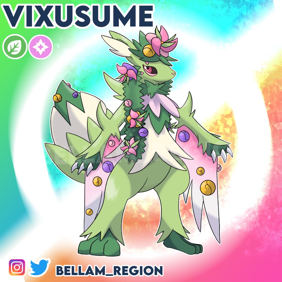 bellam_region's tweet photo. Vixsume: The Free Spirit Pokémon
#pokémon #fakemon #pokemonheavenandearth #bellamregion #grassstarter #grass #fairy #fox https://t.co/zfySFErPAg