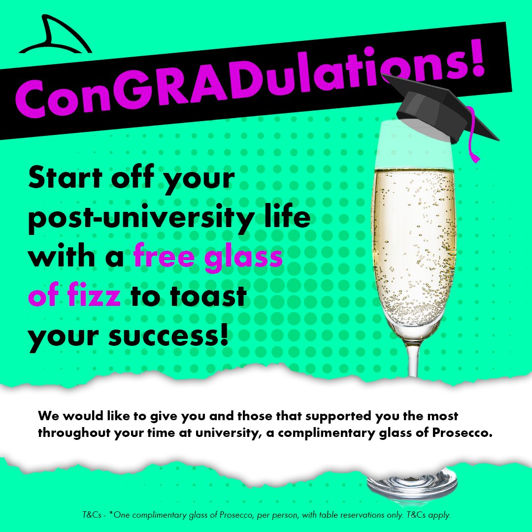 SharkClubUK's tweet photo. Now, it's hotter in here by one degree.🎓

ConGRADulations to everyone that has graduated/is graduating over the next few weeks.

We'd be (BSc)Honoured to offer you a complimentary glass of Prosecco for yourself and those that you're choosing to celebrate with, at Shark Club NCL. https://t.co/EEWPxzsYNL