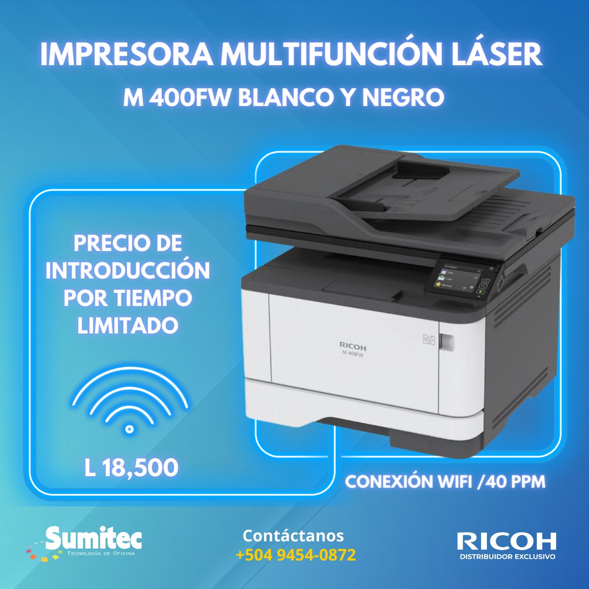 Sumitechn's tweet photo. 💼📷 Descubre el modelo Ricoh M 400FW, ideal para clientes con espacio restringido y necesidades básicas de impresión, escaneo y fax. Conéctate de forma inalámbrica y sin complicaciones. ¡Mejora tu espacio de trabajo con eficiencia! 📷📷
#RicohM400FW #Honduras https://t.co/AFuqe5FVpw