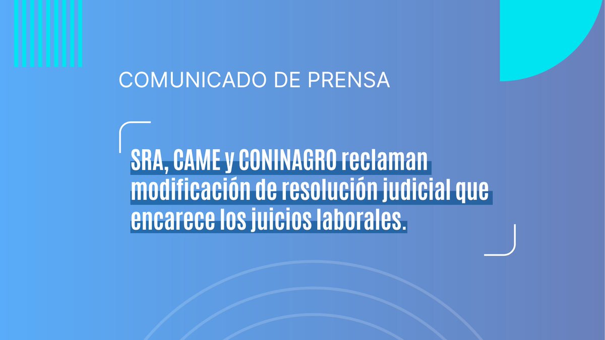 redcame's tweet image. 📢 DESDE #CAME, @CONINAGRO Y LA @SociedadRural, RECLAMAMOS UNA MODIFICACIÓN A LA RESOLUCIÓN JUDICIAL QUE ENCARECE LOS JUICIOS LABORALES.

Hemos presentado ante la Cámara  Nacional de Apelaciones del Trabajo (CNAT) y ante la Corte Suprema de Justicia de la Nación, una propuesta de…
