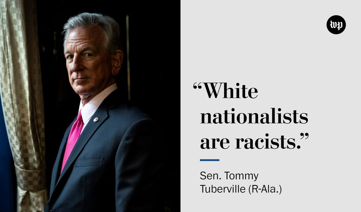 washingtonpost's tweet photo. Sen. Tommy Tuberville (R-Ala.), facing a barrage of criticism over a Monday night television interview in which he refused to say white nationalists are racists, relented Tuesday afternoon, acknowledging to reporters on Capitol Hill that they in fact are. https://t.co/KmUqjcMIUv https://t.co/qMc0T6EkCz