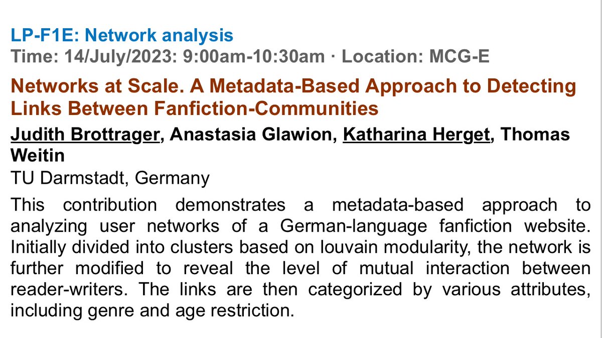 While I am away on maternity leave (and having a bit of FOMO this conference week), my brilliant colleagues Katharina Herget and Judith Brottrager are presenting our latest fanfiction research at #DH2023 in the Network Analysis section - check it out! @DHCooperation @JBrottrager