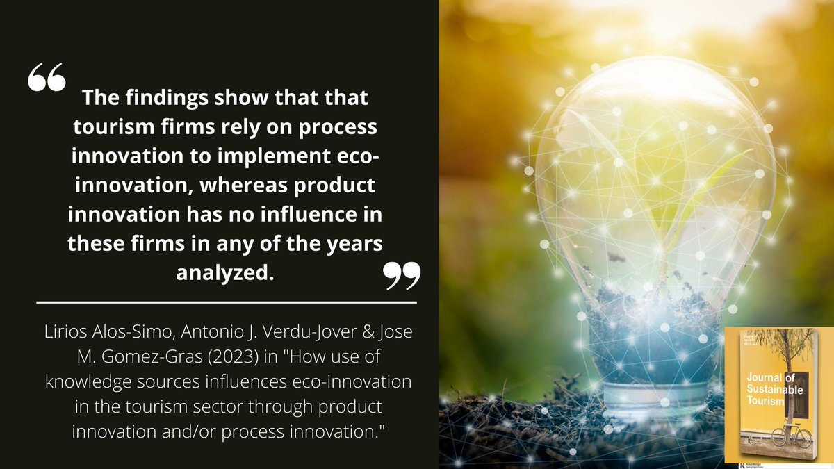 Recently published in #JOST on #EcoInnovation & #tourism 'How use of knowledge sources influences eco-innovation in the tourism sector through product innovation and/or process innovation.' Lirios Alos-Simo, Antonio J. Verdu-Jover & Jose M. Gomez-Gras 🔗tandfonline.com/doi/abs/10.108…