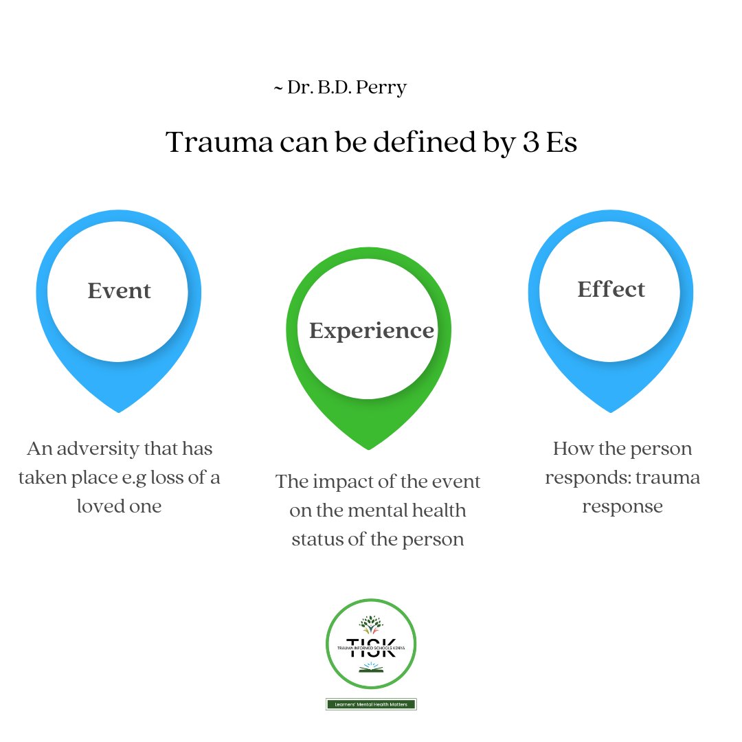 traumasch_kenya's tweet photo. Trauma, understood through the '3 Es': Event, Experience, and Effect. It's the adversity we face, the impact on our mental health, and our unique trauma responses. #TraumaInformed #UnderstandingTrauma https://t.co/nEZXZ27u68