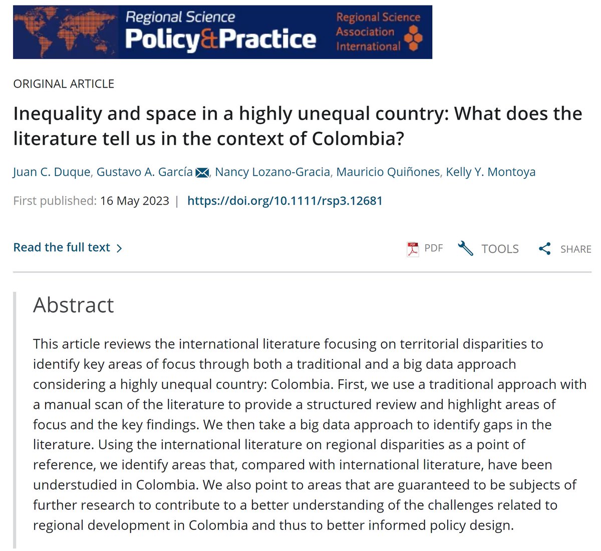 Gustavo A. García (@gusgarciacruz) on Twitter photo New paper out in <a href="/RSPP_RSAI/">Regional Science Policy & Practice (RSPP)</a>! This paper attempts to identify areas of strength and knowledge gaps on territorial disparities, studying the Colombian case
<a href="/FEG_EAFIT/">Finanzas, Economía y Gobierno</a> <a href="/Rise_group/">Risegroup.EAFIT</a> <a href="/CValorPublico/">Valor Público EAFIT</a> - @juancaduque <a href="/nlginspace/">Nancy Lozano</a> <a href="/doquima5/">Mauricio Quiñones-Domínguez</a> <a href="/Yelly_yey/">Kelly Montoya</a> 👉rsaiconnect.onlinelibrary.wiley.com/doi/10.1111/rs… New paper out in <a href="/RSPP_RSAI/">Regional Science Policy & Practice (RSPP)</a>! This paper attempts to identify areas of strength and knowledge gaps on territorial disparities, studying the Colombian case
<a href="/FEG_EAFIT/">Finanzas, Economía y Gobierno</a> <a href="/Rise_group/">Risegroup.EAFIT</a> <a href="/CValorPublico/">Valor Público EAFIT</a> - @juancaduque <a href="/nlginspace/">Nancy Lozano</a> <a href="/doquima5/">Mauricio Quiñones-Domínguez</a> <a href="/Yelly_yey/">Kelly Montoya</a> 👉rsaiconnect.onlinelibrary.wiley.com/doi/10.1111/rs…