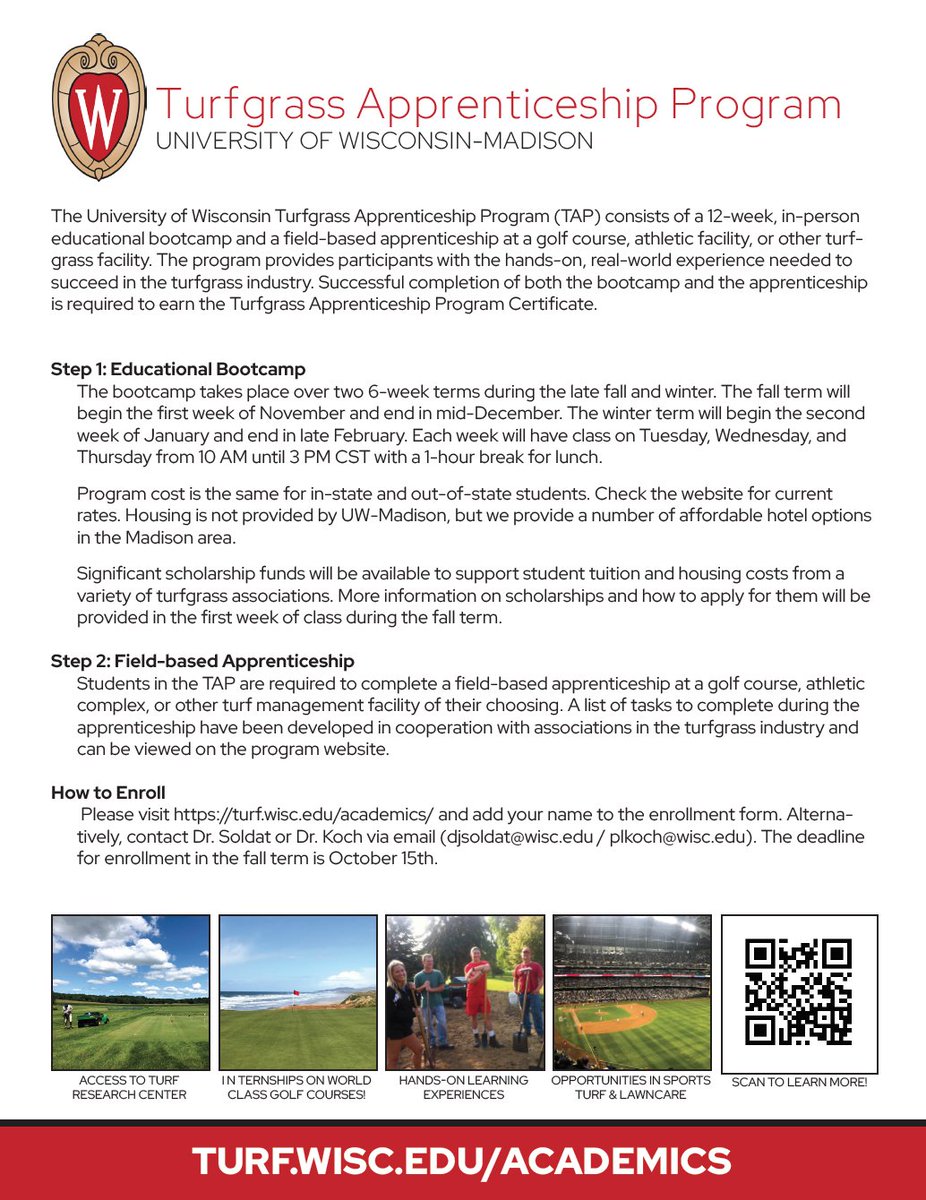 plkoch2's tweet image. Over $13k in scholarships are available for students in our Turfgrass Apprenticeship Program. Funds are available to ALL students, not only those from WI. Thanks to the @WGCSA @WisconsinSTMA @wtaturf and WI Sod Producers for their support. Learn more here: turf.wisc.edu/academics/