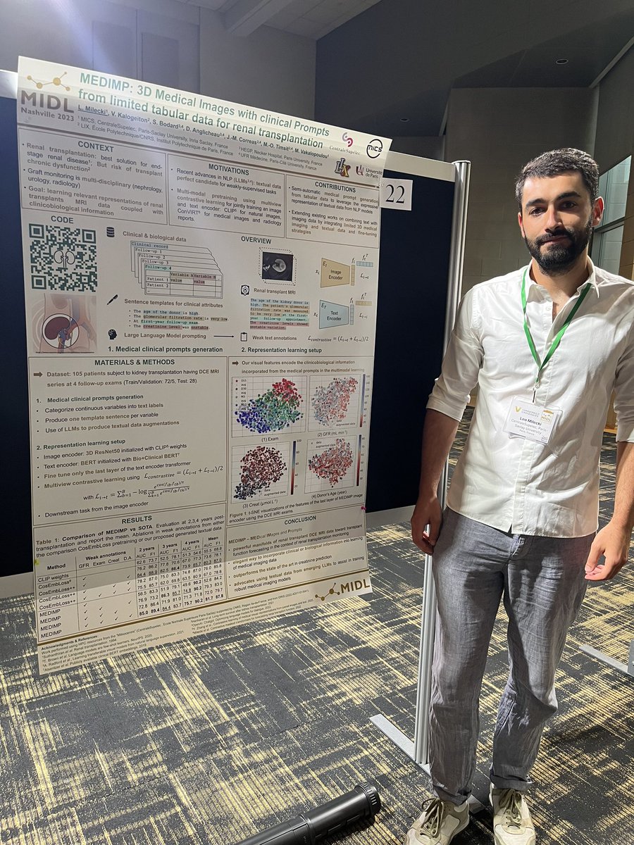 Glad to present today at <a href="/midl_conference/">@midl-conference.bky.social</a> our work MEDIMP: 3D Medical Images and clinical Prompts for renal transplant representation learning ! <a href="/MariaVakalopou1/">Maria Vakalopoulou</a> <a href="/VickyKalogeiton/">Vicky Kalogeiton</a> <a href="/DanyAnglicheau/">Dany Anglicheau</a> <a href="/UrologieParis/">Marc-Olivier Timsit, MD, PhD 🎗️</a> 
Come check my poster and discuss !