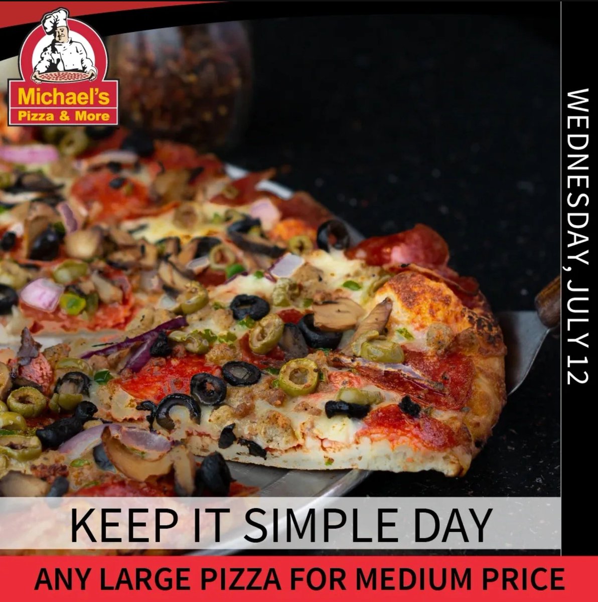 MichaelsPizzaTN's tweet photo. Happy National Keep It Simple Day! In the spirit of, we're offering any large pizza for medium price. Place your order now: (931) 358-6161. #pizza #delivery https://t.co/1gJ27POk2f