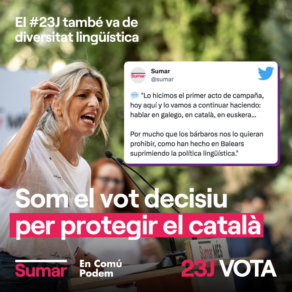 SomComuns's tweet photo. Continuarem parlant en català, peti qui peti!

El #23J, el vot decisiu a favor del català és el vot a @Yolanda_Diaz_ i a @sumar-En Comú Podem✊ https://t.co/npROlGoLQH