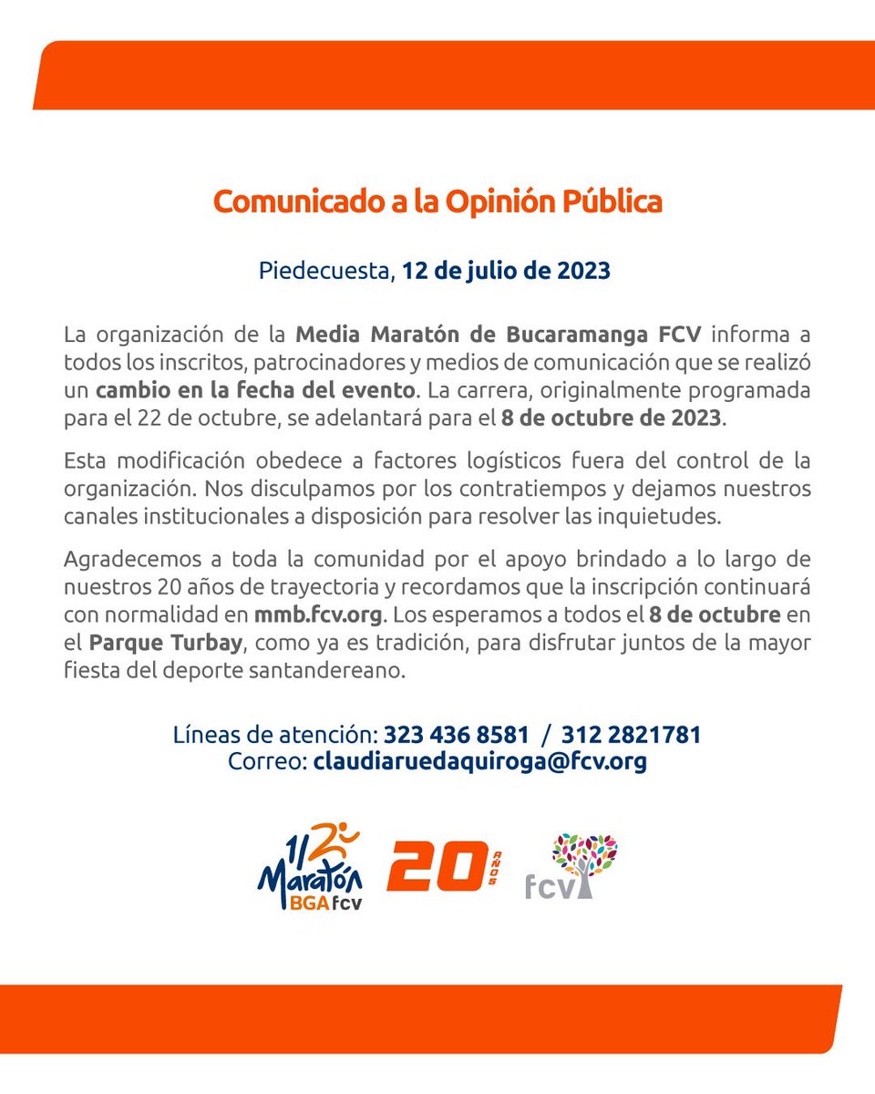fcvcolombia's tweet photo. #ComunicadoOficial | La Media Maratón de Bucaramanga FCV continúa para poner a prueba las competencias y habilidades de los atletas. 

Te esperamos para que hagas parte de nuestra historia, y continúes impulsando tus hábitos saludables. 

#20años #MMBGAFCV https://t.co/nN4uZzWrMq