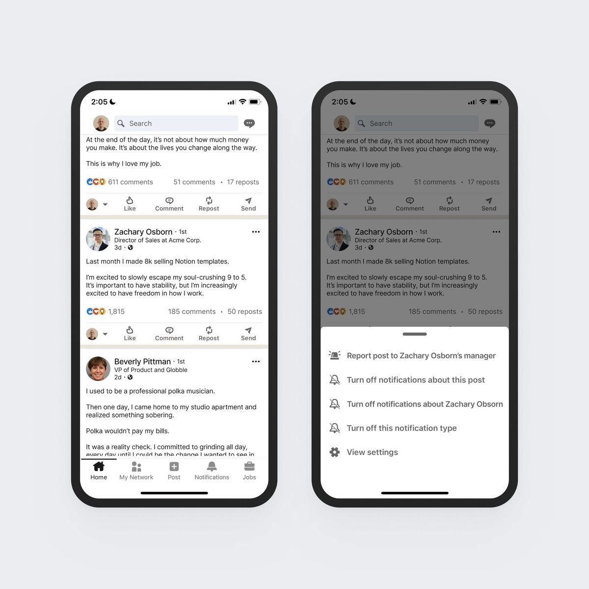 LinkedIn option to report a post to the persons manager