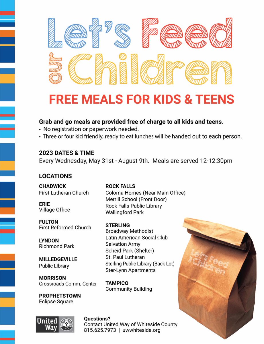 uw_whiteside's tweet photo. FREE MEALS FOR KIDS AND TEENS TODAY!
Kids can pick up free grab and go meals at any of these 19 locations from 12:00-12:30pm. https://t.co/7wJiGkO2xJ