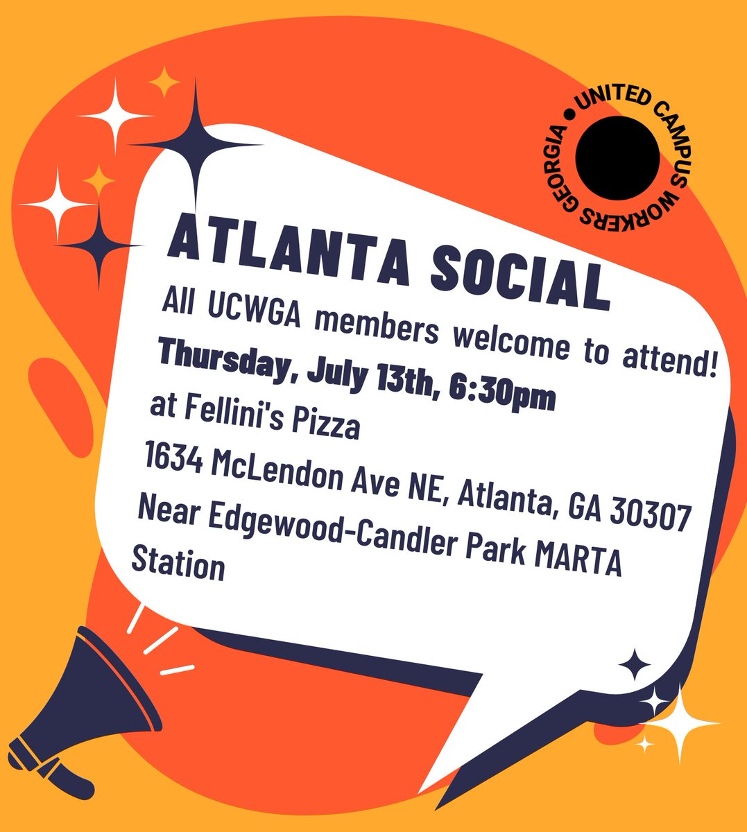 ucwgagt's tweet photo. 🍕 TOMORROW!!! 🍕

Come hang tomorrow Thursday 7/13 at the Candler Park Fellinis to meet your UCW-GA siblings and socialize over pizza! We’ll be there at 6:30 PM 😎🍕

This event is open to all UCW members  and friends. Come learn about the union! ✊ https://t.co/GUT3qcQoUd